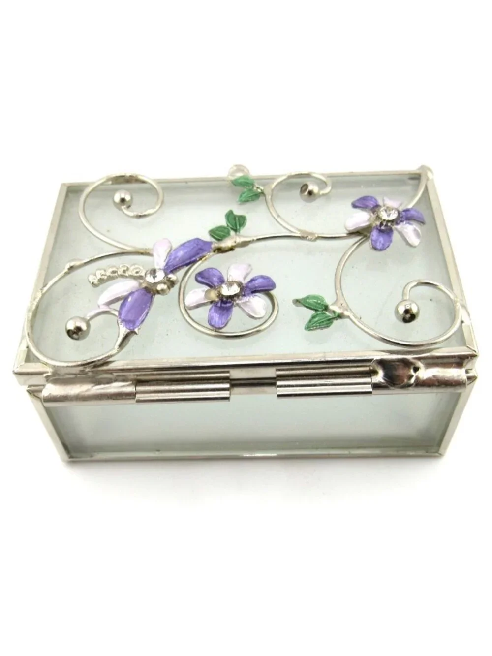 VINTAGE DRAGONFLY/FLORAL FROSTED GLASS METAL TRIM VANITY TRINKET JEWELRY BOX